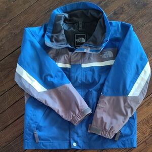 The North Face Blue and Gray Kids' Waterproof Jacket with White Accents